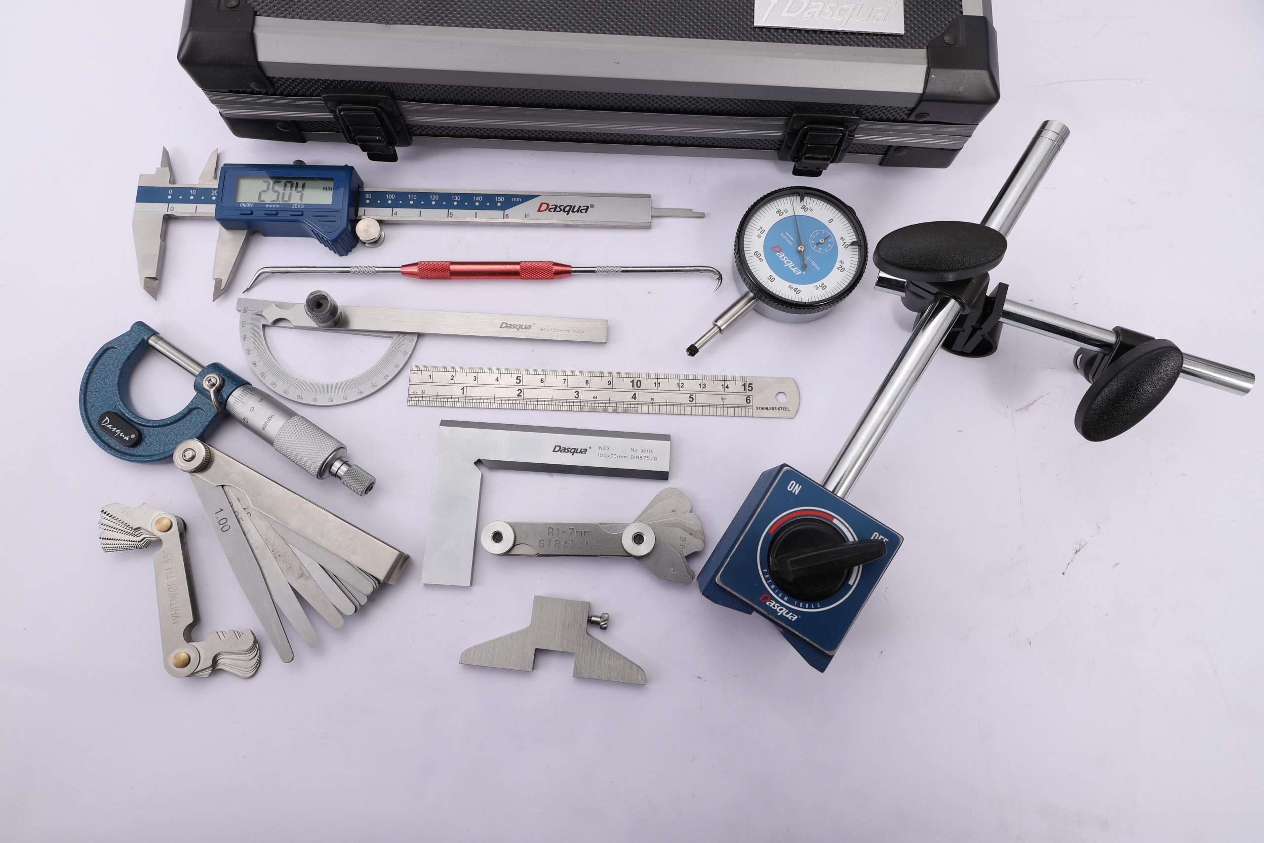 DASQUA precision measuring tools including calipers, micrometers, and industrial metrology instruments
